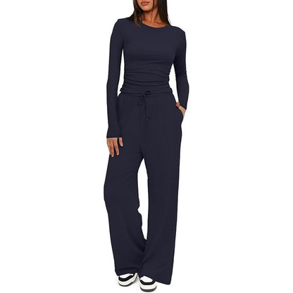 Ruched Long Sleeve Top & Drawstring Waist Pocket Wide Leg Pants Two Piece Set