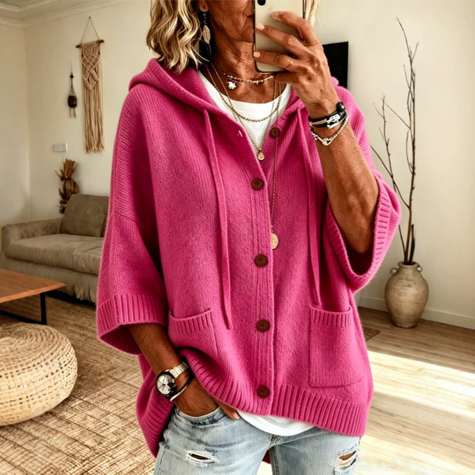 Drawstring Hooded 3/4 Sleeve Wooden Button Knit Cardigan