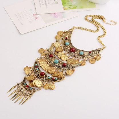 Visland Statement Necklace Exaggerated Round Coins Tassels Colored Turquoise Layered Gift Hypoallergenic Vintage Ethnic