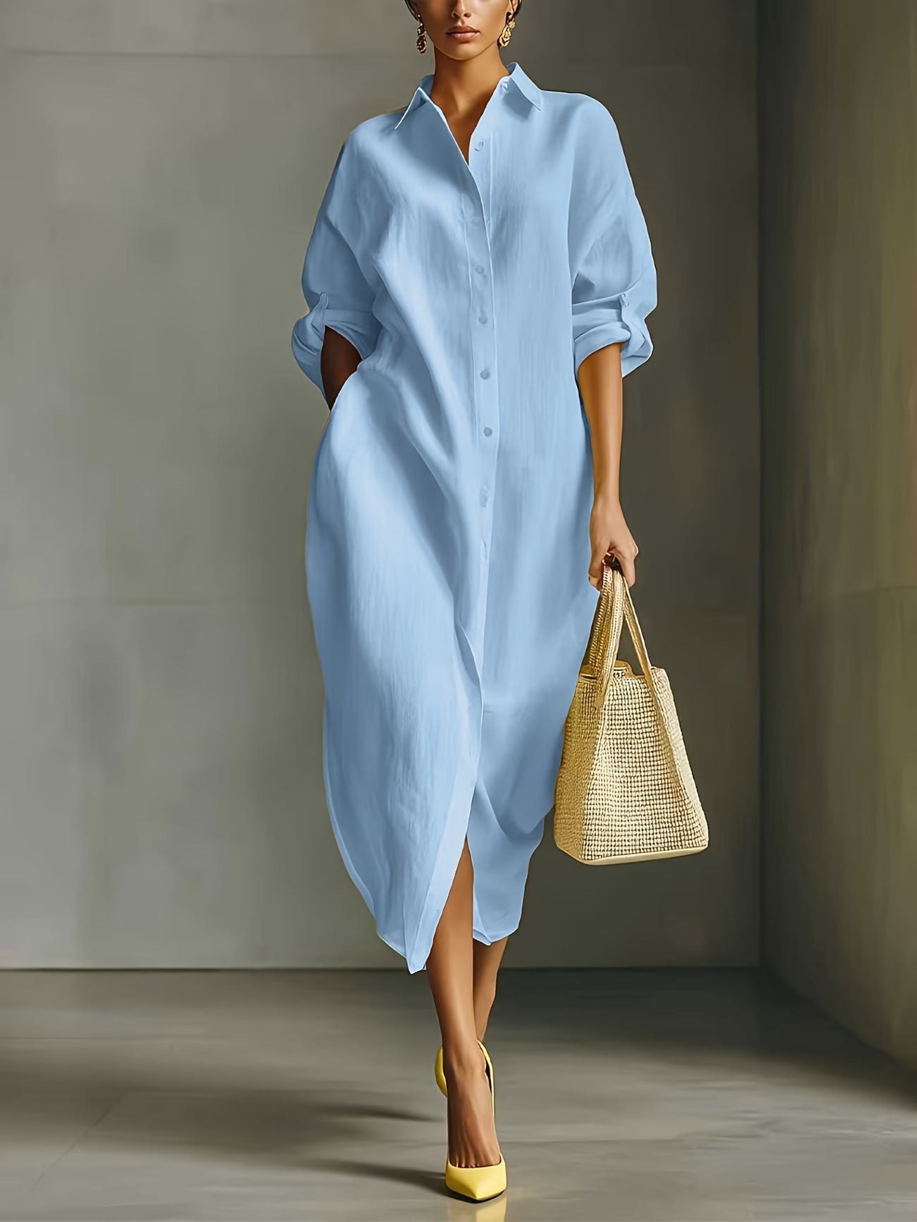 Oversized Linen Blend Midi Shirt Dress