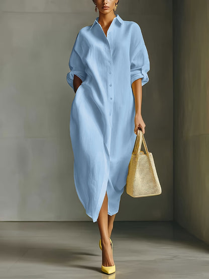 Oversized Linen Blend Midi Shirt Dress