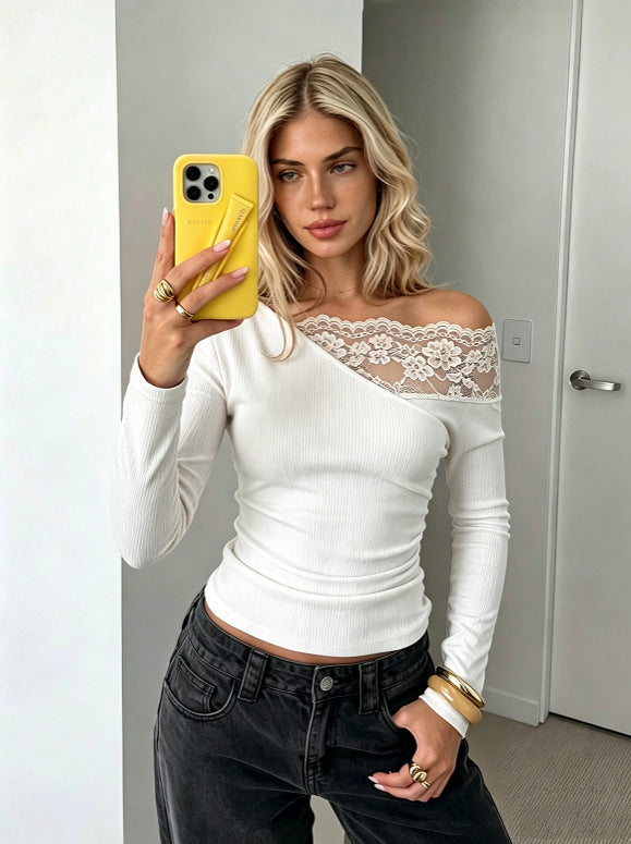 Stylish And Elegant Off-shoulder Knit Top With Lace Detailing