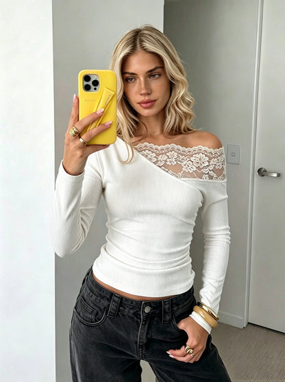 Stylish And Elegant Off-shoulder Knit Top With Lace Detailing
