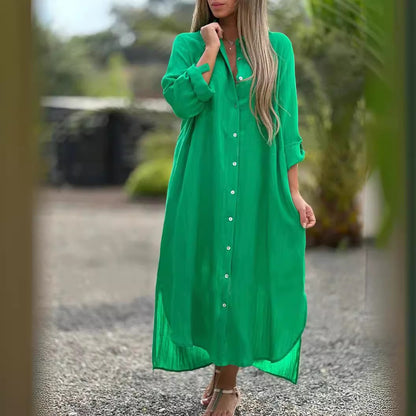 Crinkle Linen Blend Midi Shirt Dress