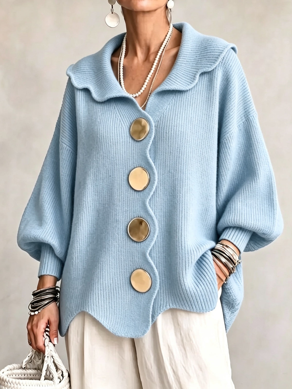 Oversized Scallop-Collar Button Knit Cardigan