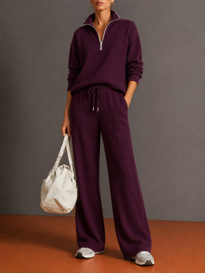 Vertical Rib Half Zip Stand Collar Two Piece Loungewear Set