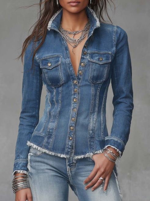 Frayed-Edge Fitted Denim Jacket — Medium Wash