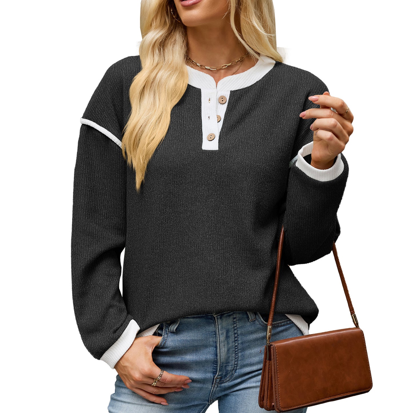 Contrast Trim Henley Knit Long Sleeve Top