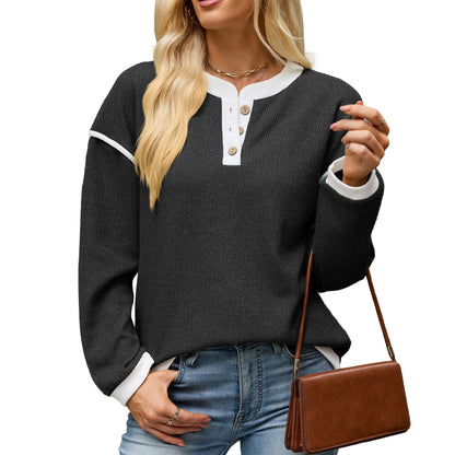Contrast Trim Henley Knit Long Sleeve Top