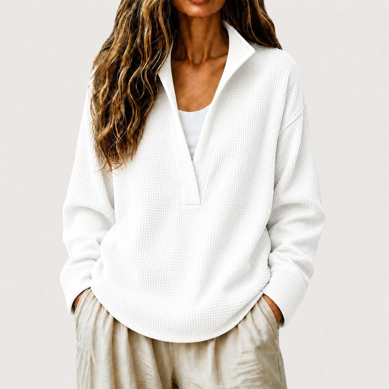 Waffle Textured Half Zip Stand Collar Long Sleeve Top
