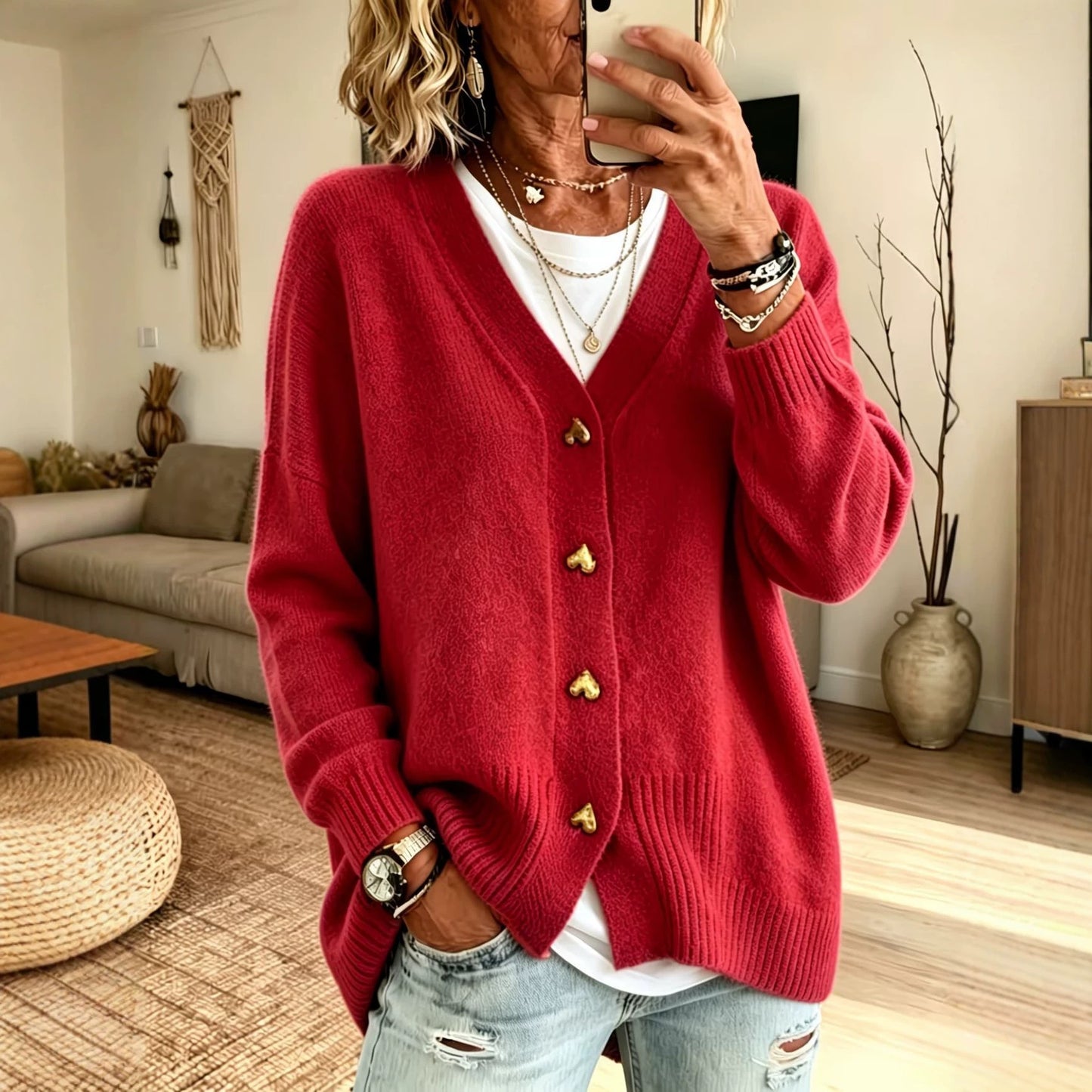 Heart Button V Neck Knit Cardigan
