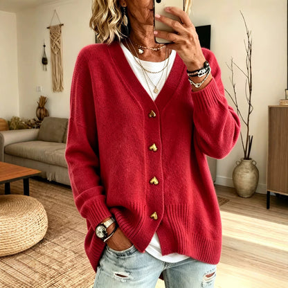 Heart Button V Neck Knit Cardigan