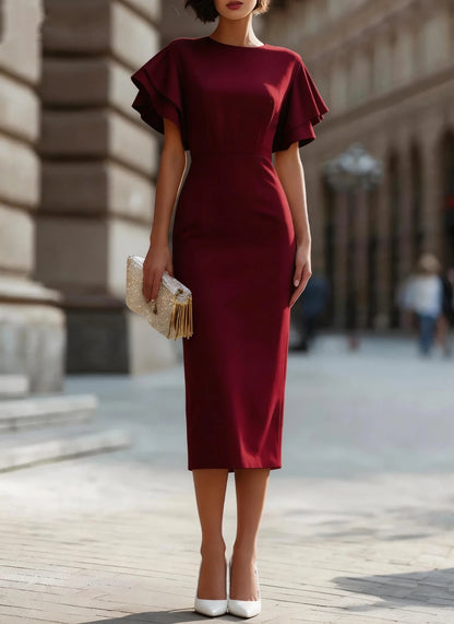 Round Neck Double‑Layer Ruffle Flutter Sleeve Bodycon Midi Dress
