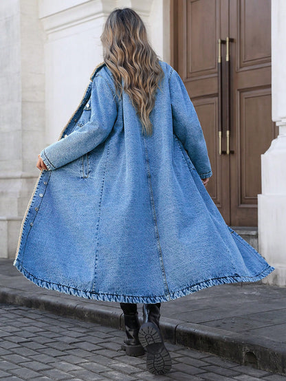 Long Denim Sherpa Coat | Cotton Lining, Warm Overcoat