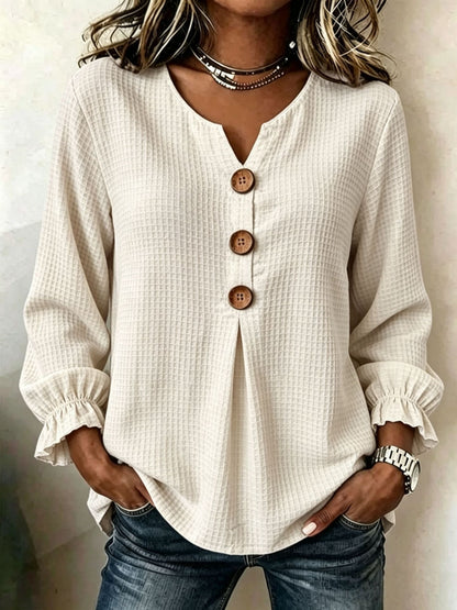 Textured Waffle Knit V-Neck Button Blouse