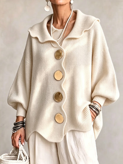 Oversized Scallop-Collar Button Knit Cardigan
