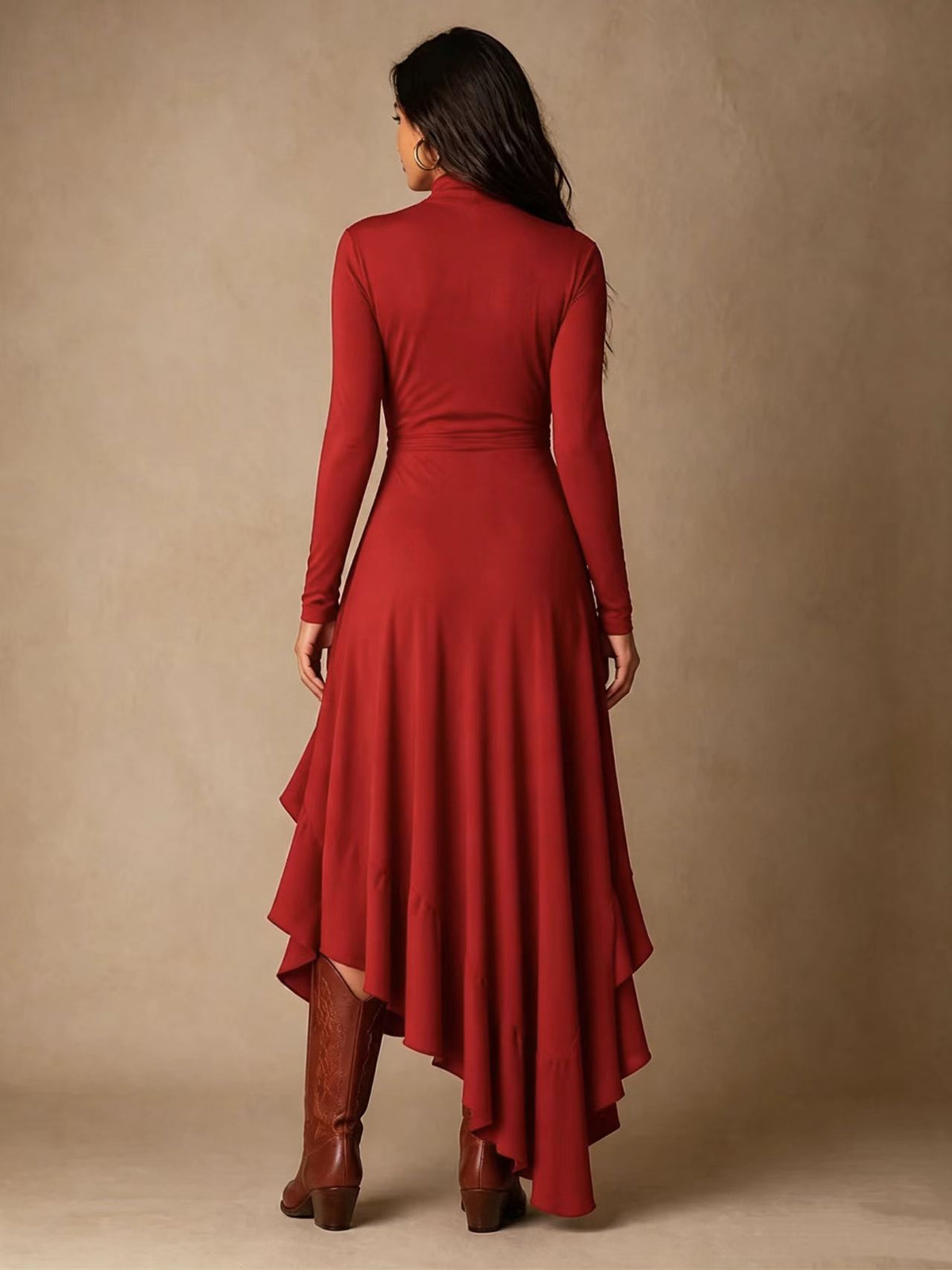 Mock Neck Wrap Dress with Asymmetric Ruffle Hem