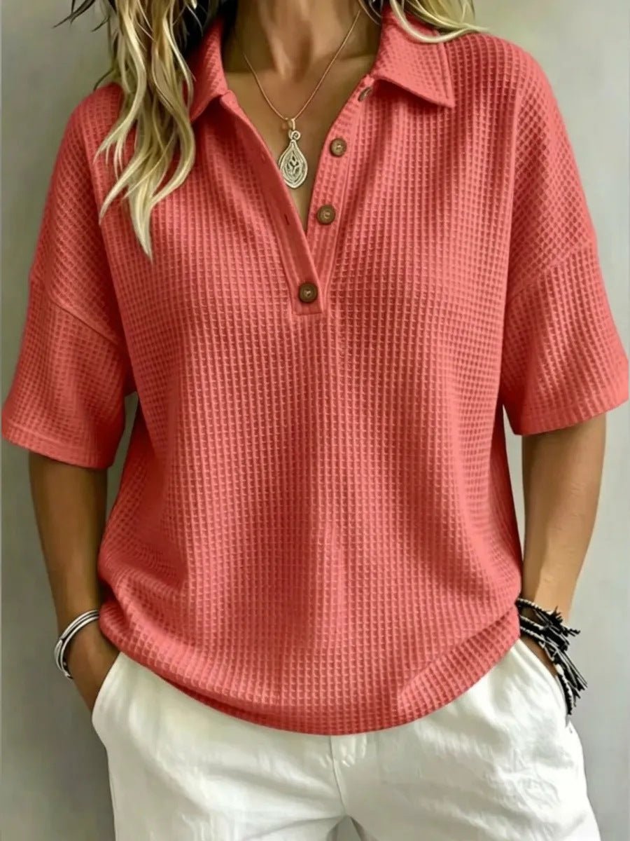 Relaxed Fit Waffle Knit Polo Top