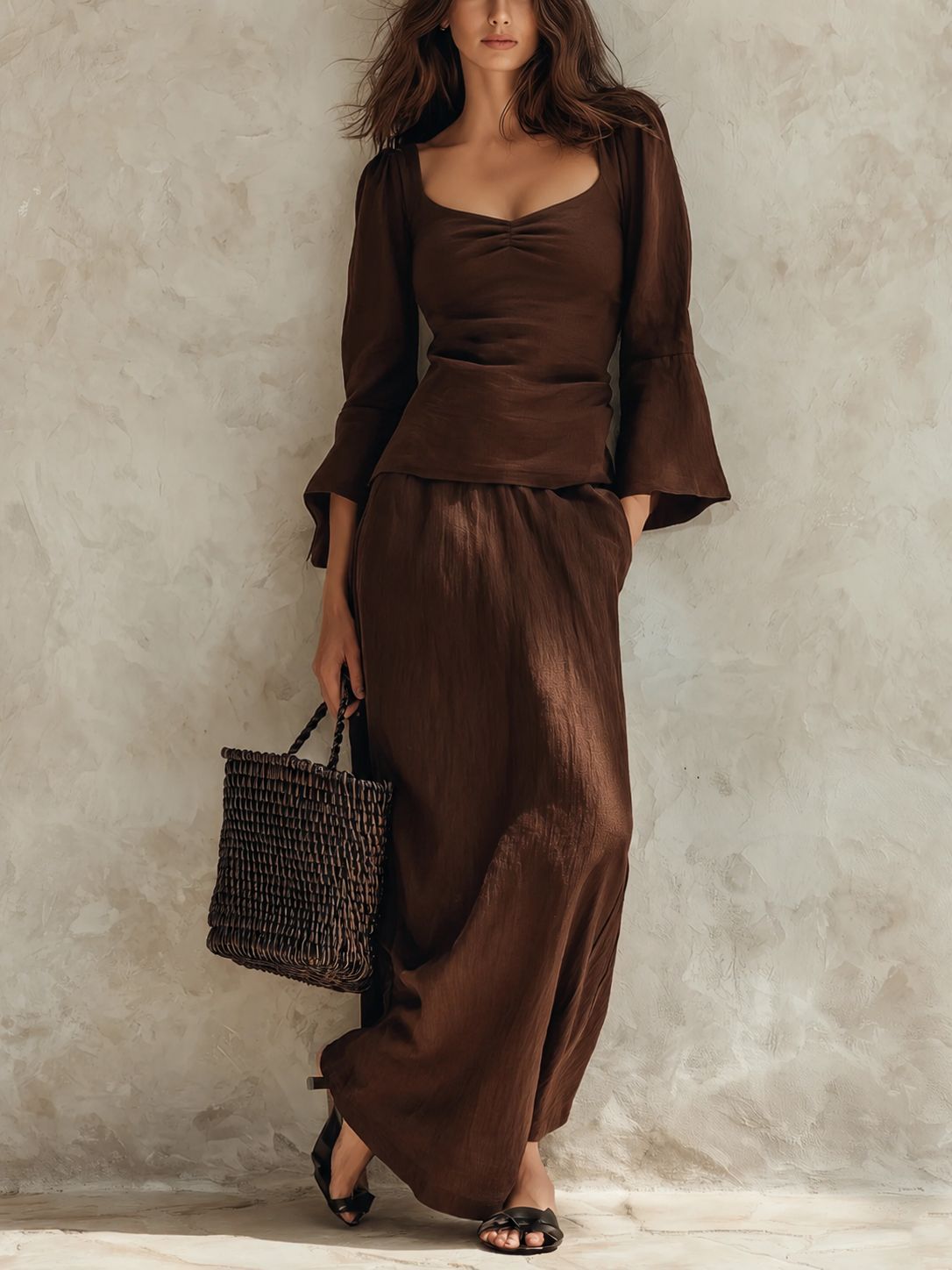 Square Neck Flare Sleeve Top & Maxi Skirt Matching Set