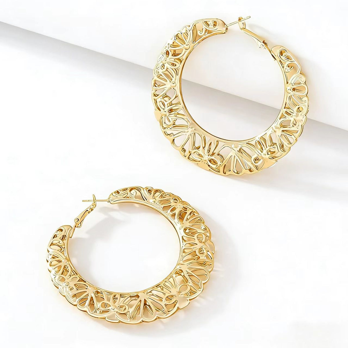 Filigree Floral Cutout Large Hoop Earrings 14K Gold Plated Vintage Hollow Hoop Earrings - Gold