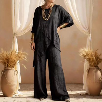 Linen Asymmetric Overlap Top & Wide Leg Pants Two Piece Set
