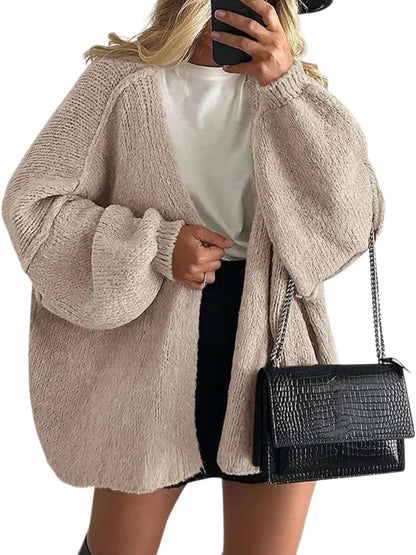 Women's Solid Color Chunky Knit Open Front Lantern Sleeve Mid-Length Cardigan