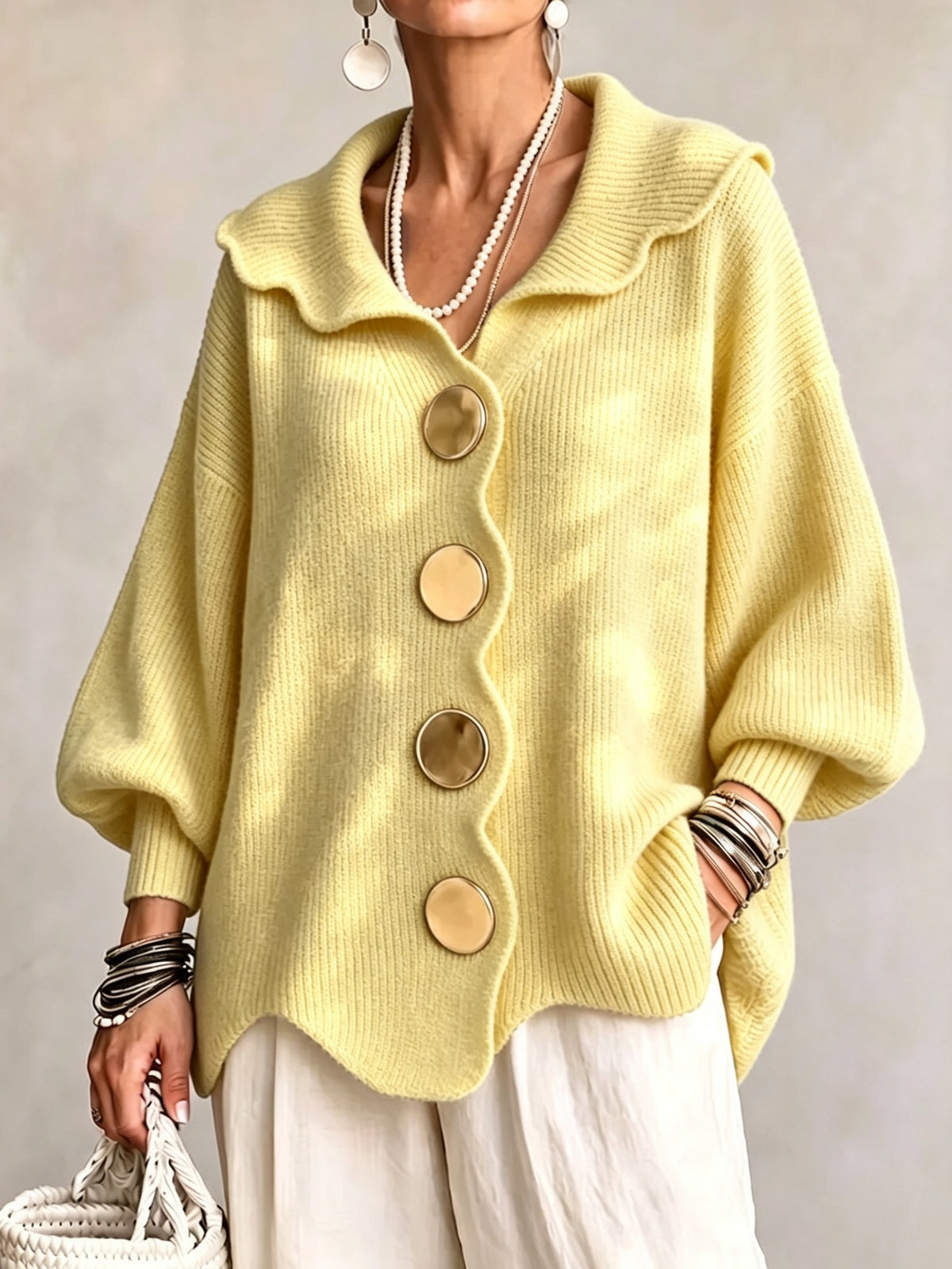 Oversized Scallop-Collar Button Knit Cardigan