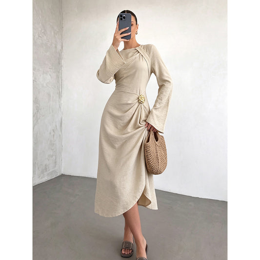 Round Neck Flare Sleeve Gold Ornament Ruched Midi Dress