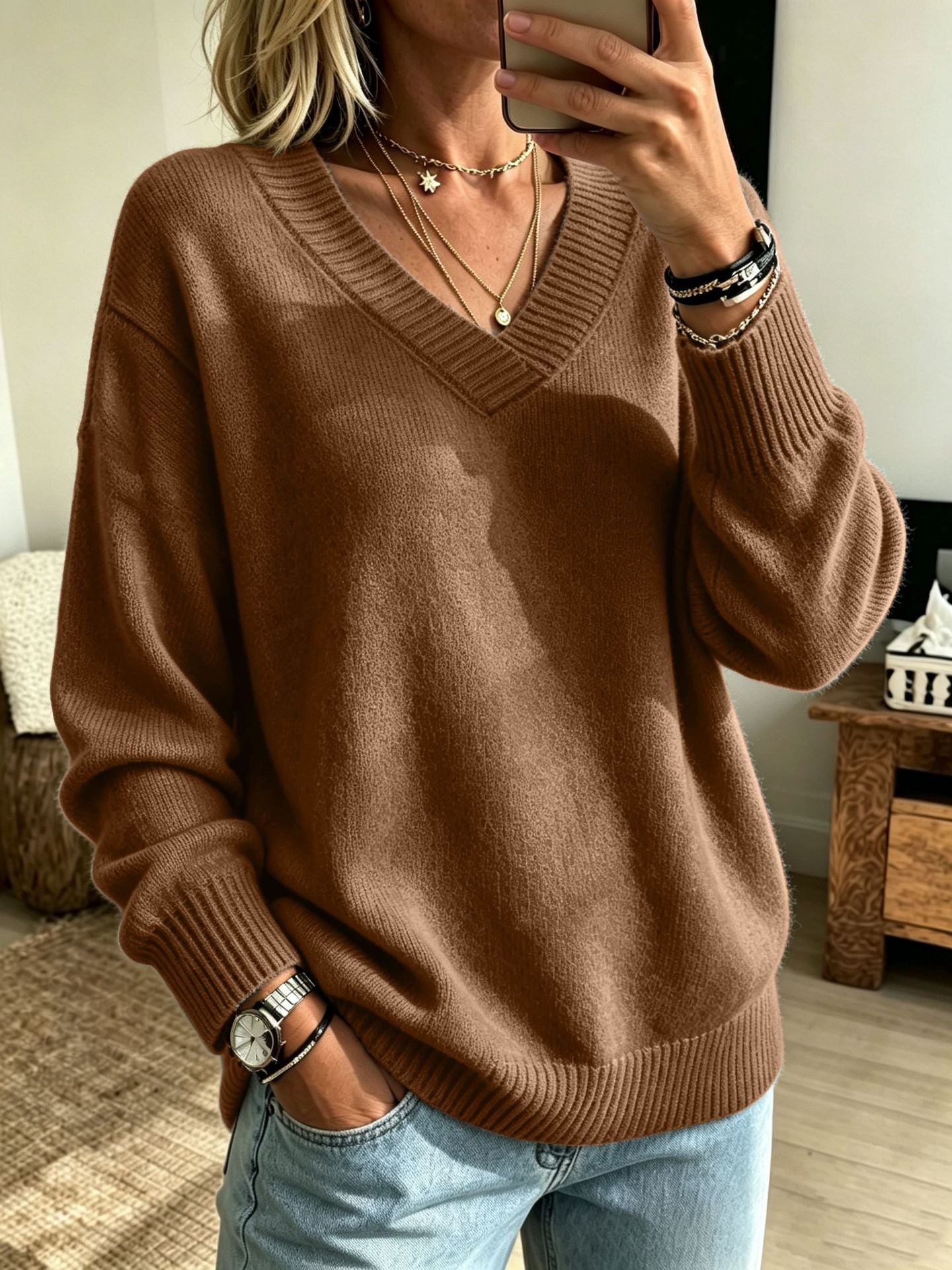 Relaxed V-Neck Long Sleeve Knit Sweater