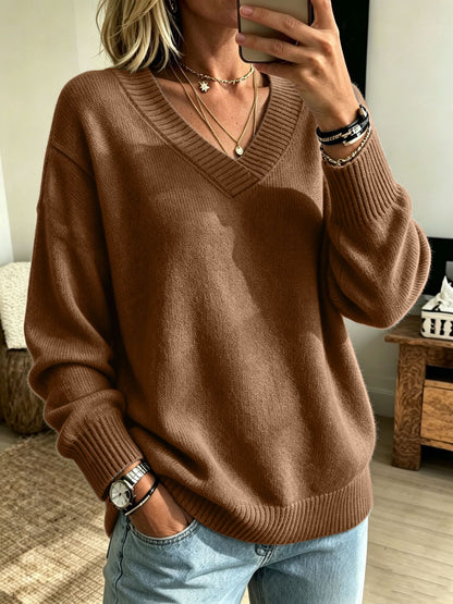 Relaxed V-Neck Long Sleeve Knit Sweater