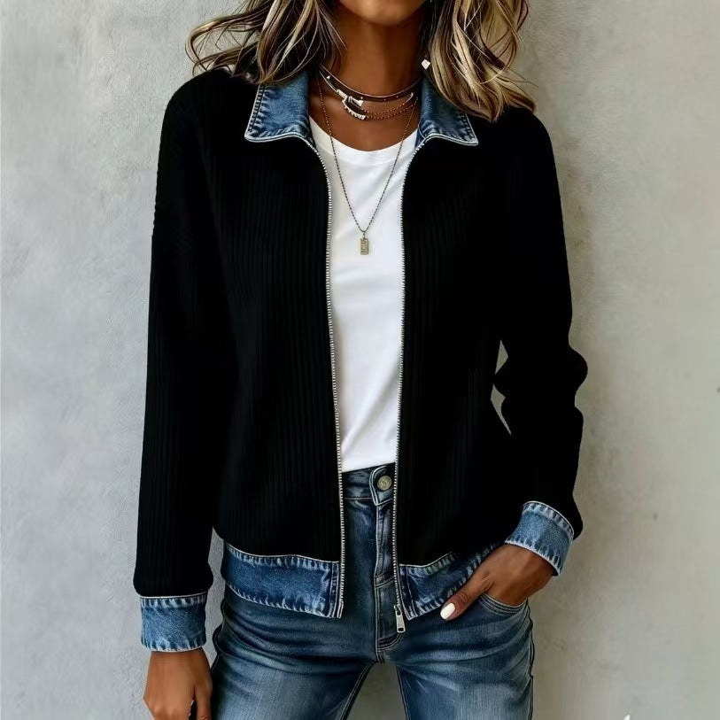 Ribbed Knit Zip Jacket with Denim Trim