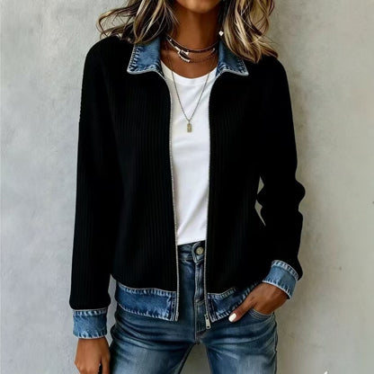 Ribbed Knit Zip Jacket with Denim Trim