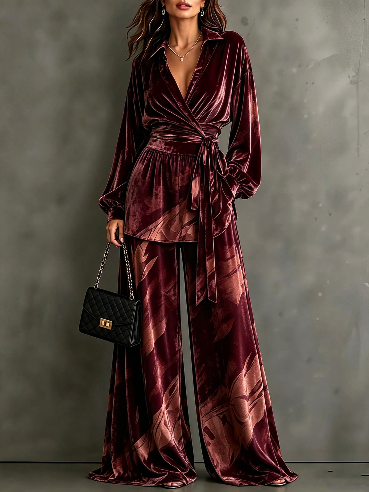 Velvet Wrap Blouse & Wide-Leg Pant Set – Printed Two-Piece