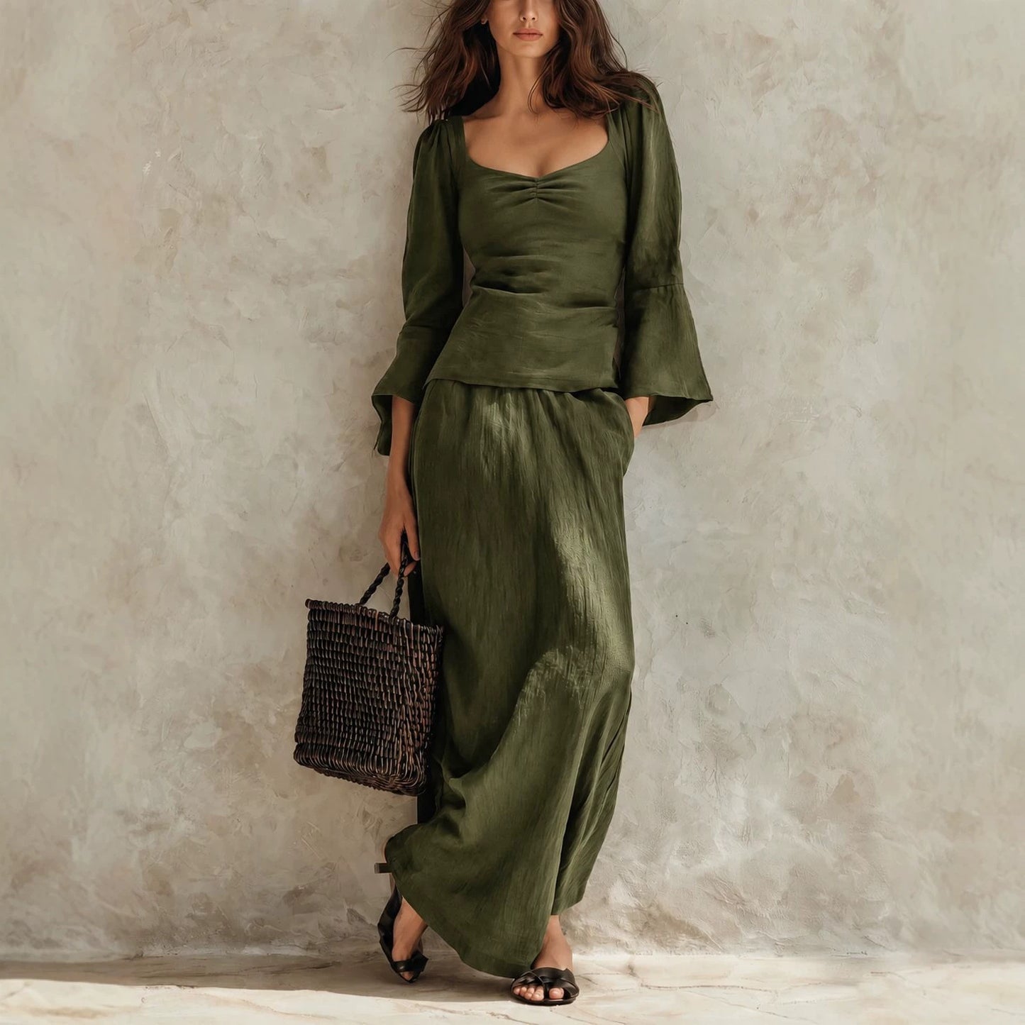 Square Neck Flare Sleeve Top & Maxi Skirt Matching Set