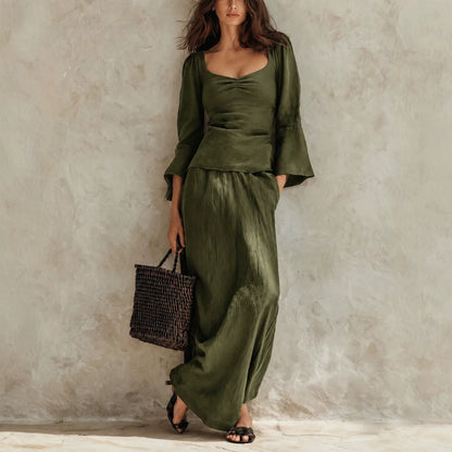 Square Neck Flare Sleeve Top & Maxi Skirt Matching Set