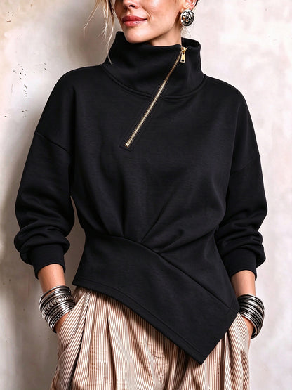 Zip-Neck Sweatshirt with Asymmetric Hem