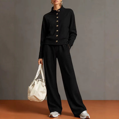 New Solid Color Stand-Up Collar Cardigan Sweatshirt Wide-Leg Pants Suit Independent Station Popular Women