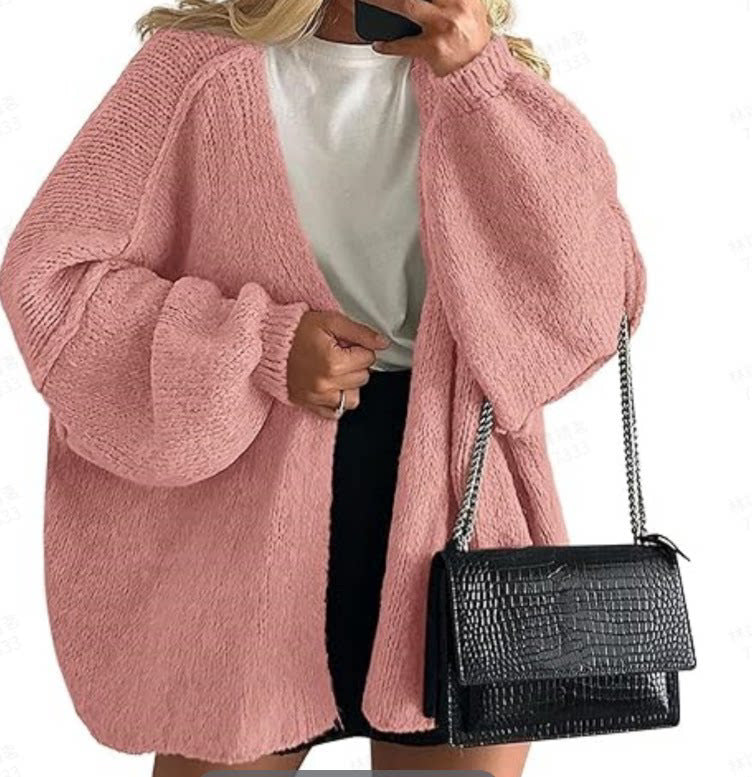 Women's Solid Color Chunky Knit Open Front Lantern Sleeve Mid-Length Cardigan