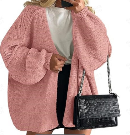 Women's Solid Color Chunky Knit Open Front Lantern Sleeve Mid-Length Cardigan