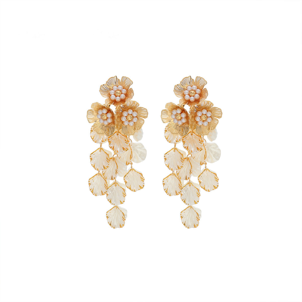 3D Floral Pearl Tassel Drop Earrings Vintage Gold Plated White Petal Wedding Statement Dangle Earrings - Gold