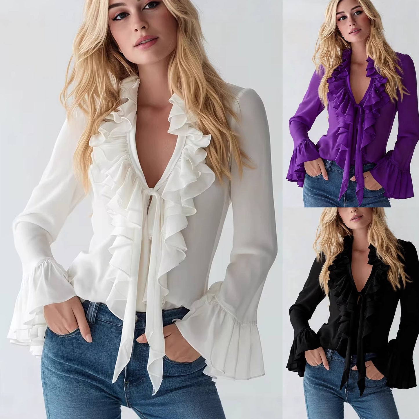 Ruffle V Neck Tie Front Flared Long Sleeve Slim Chiffon Blouse