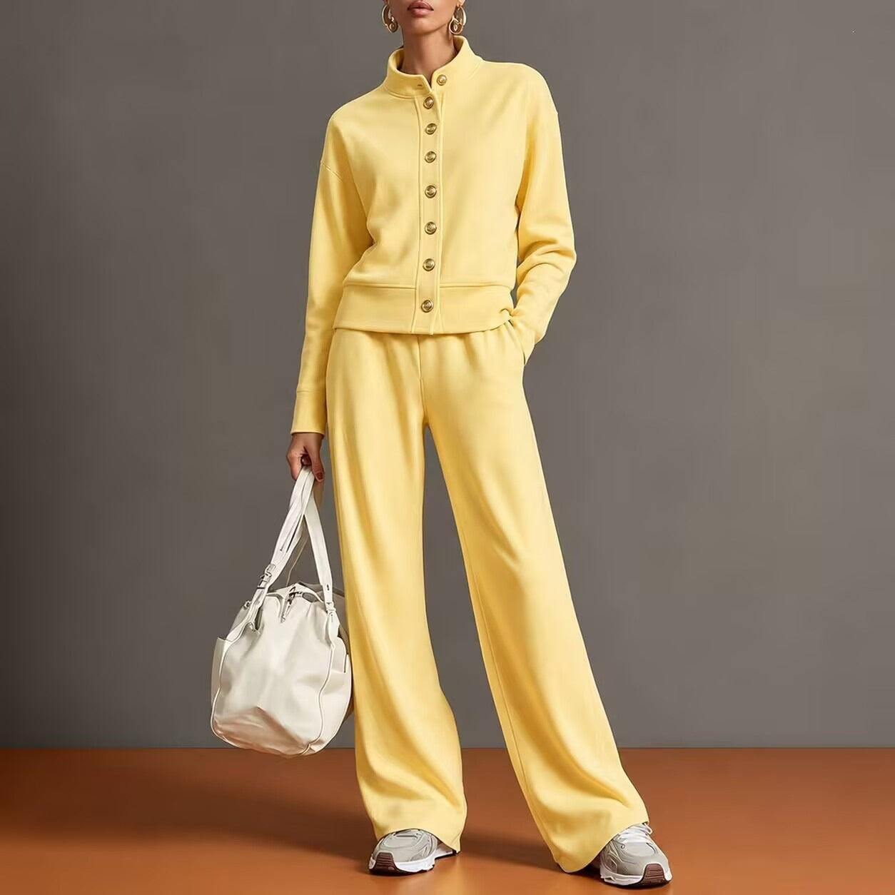 New Solid Color Stand-Up Collar Cardigan Sweatshirt Wide-Leg Pants Suit Independent Station Popular Women