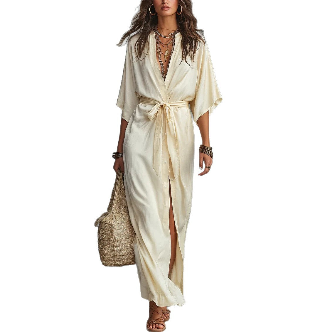 Tie Waist Split Maxi Shirt Dress