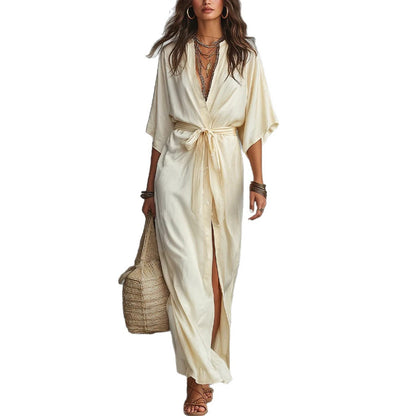 Tie Waist Split Maxi Shirt Dress