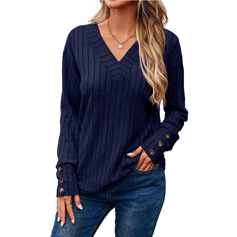 Ribbed Knit V-Neck Button Cuff Top