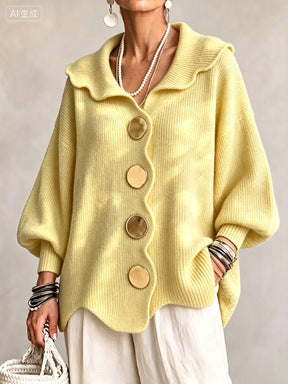 Oversized Scallop-Collar Button Knit Cardigan