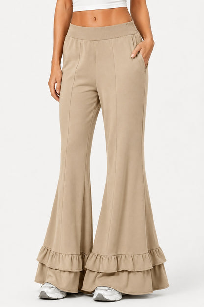 High Waist Front Seam Double Ruffle Hem Flare Knit Pants