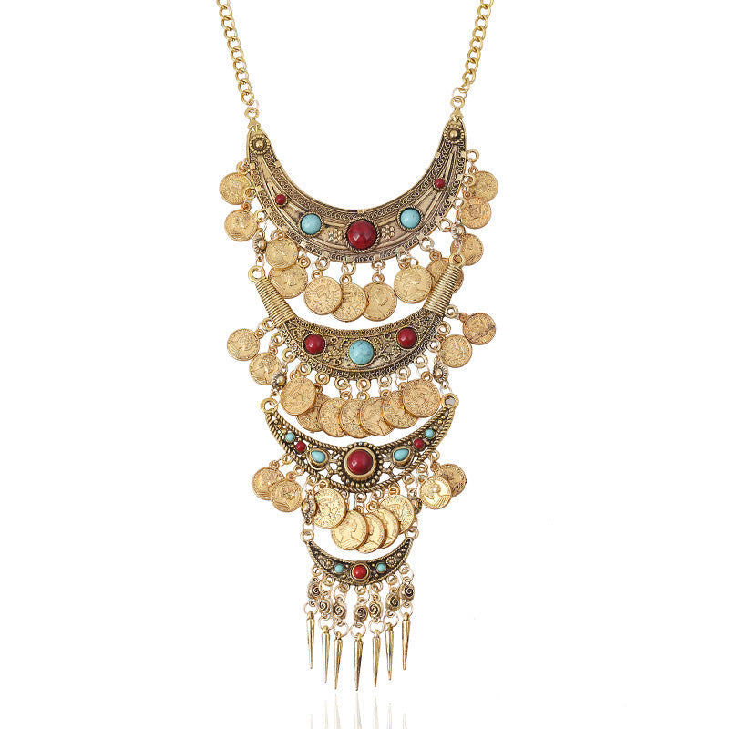 Visland Statement Necklace Exaggerated Round Coins Tassels Colored Turquoise Layered Gift Hypoallergenic Vintage Ethnic