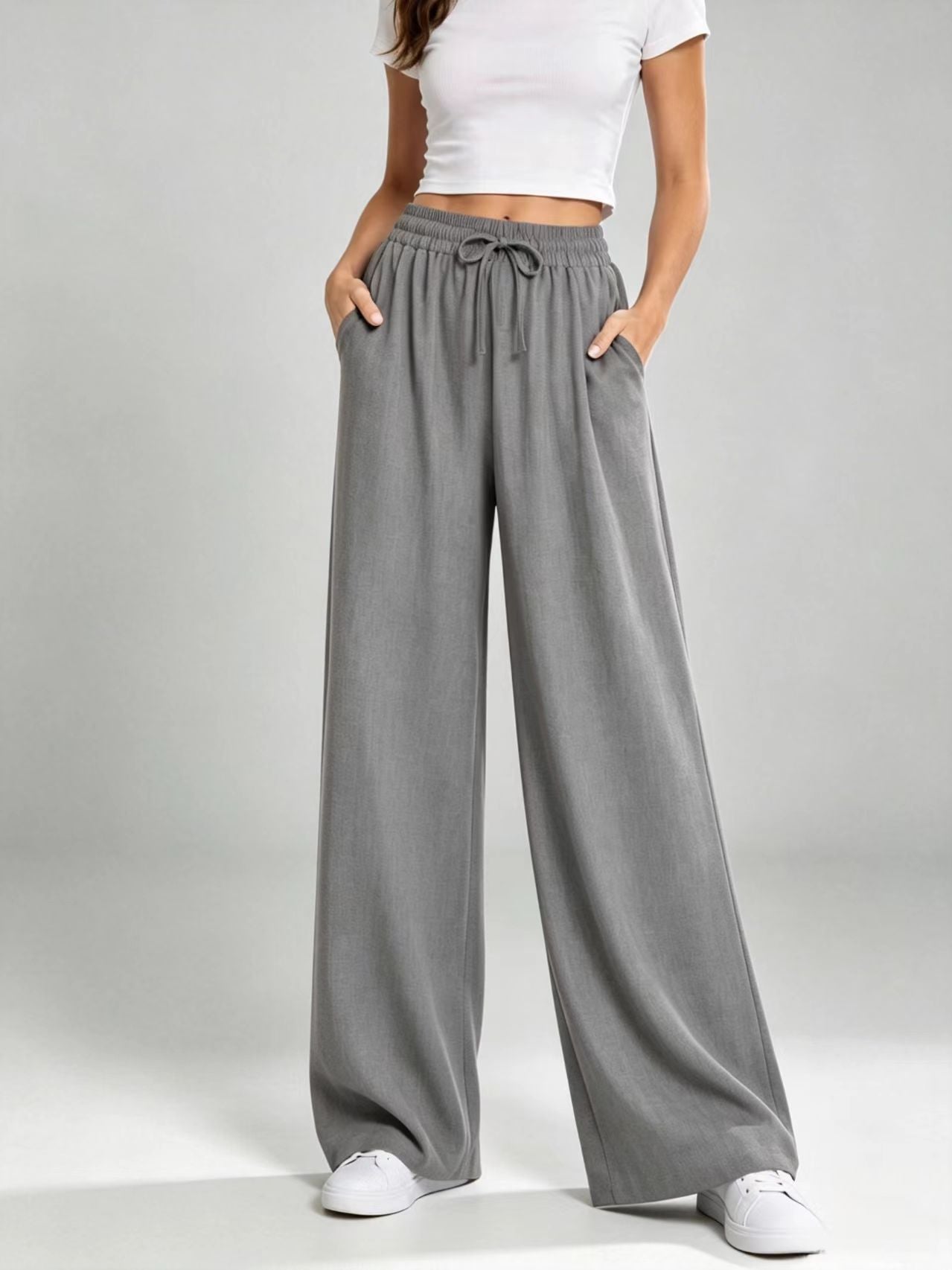Women's Solid Drawstring Elastic Waist Wide Leg Flowy Long Pants with Pockets