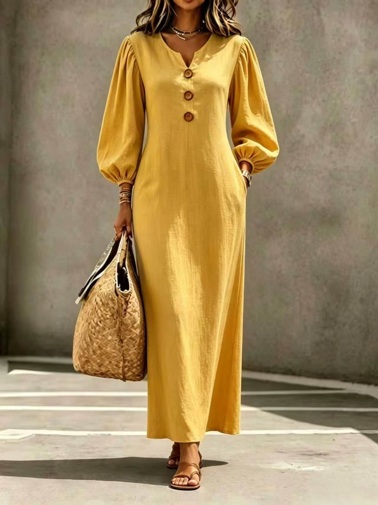 Linen Blend Notch V Neck Balloon Sleeve Maxi Dress